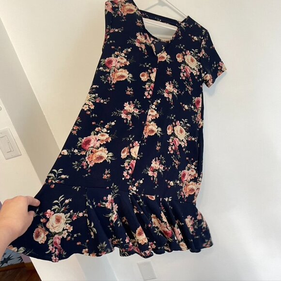 NEW NWT BLUE RAIN FRANCESCA'S Navy Blue Pink Cream Floral Ruffle Shift Dress M - Picture 12 of 14